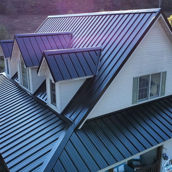 Dark standing-seam metal roof with dormers